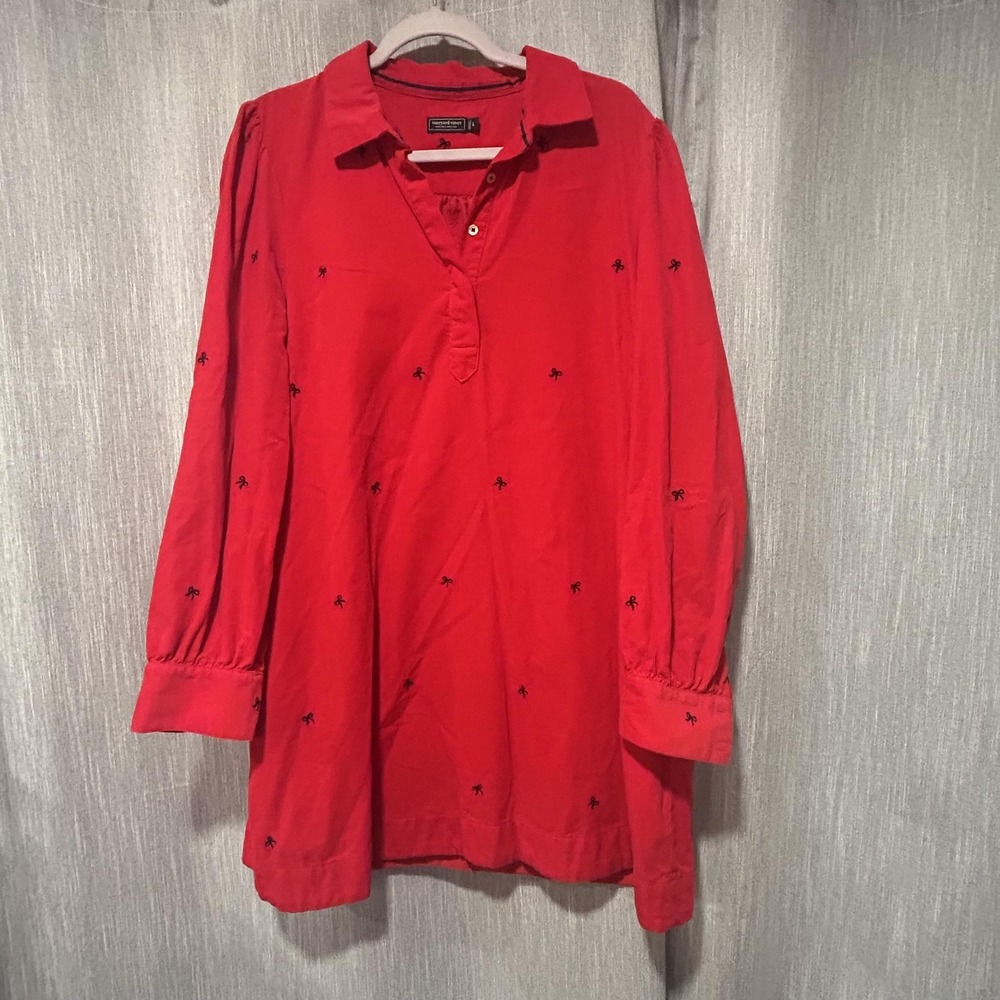 Vineyard Vines Dress Womens Large Red Corduroy Embroidered Bow Shirt Shift